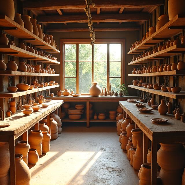 Vue intérieure de l'atelier Terra Glaze avec des poteries en cours de séchage et des outils d'artisanat.