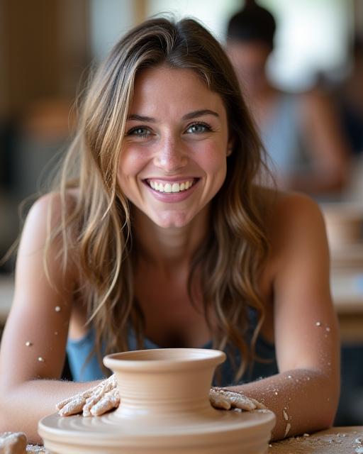 Participant souriant et concentré lors d'un atelier de poterie chez Terra Glaze, entouré d'argile.