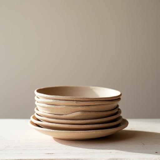 Assiettes en grès faites à la main avec une texture naturelle, empilées.