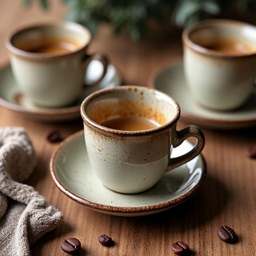 Ensemble de tasses à expresso en céramique artisanale posées sur une table en bois.