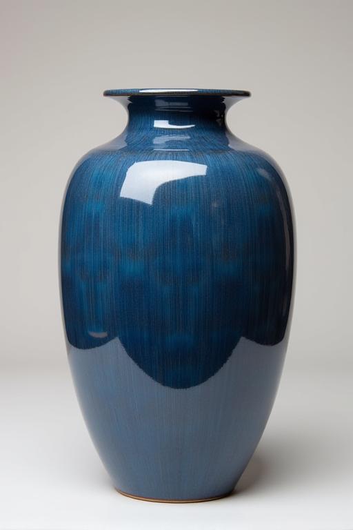 Grand vase en céramique avec une glaçure bleu profond et des motifs organiques.