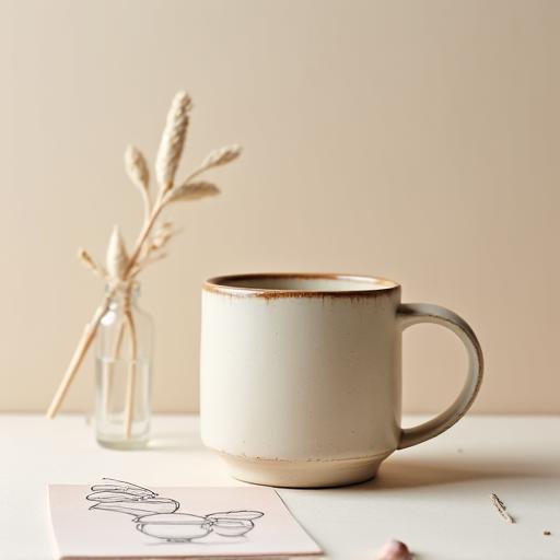 Esquisse de design de poterie à côté d'une tasse en céramique finie.