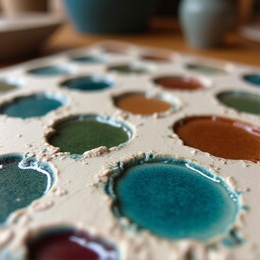 Palette d'échantillons de différentes glaçures céramiques aux couleurs et textures variées.